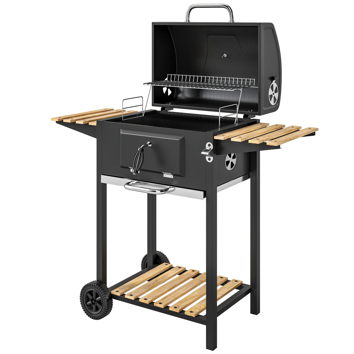 Portable Charcoal Grill with Adjustable Pan & 3 Shelves, Wheeled Barbecue Grill with Thermometer