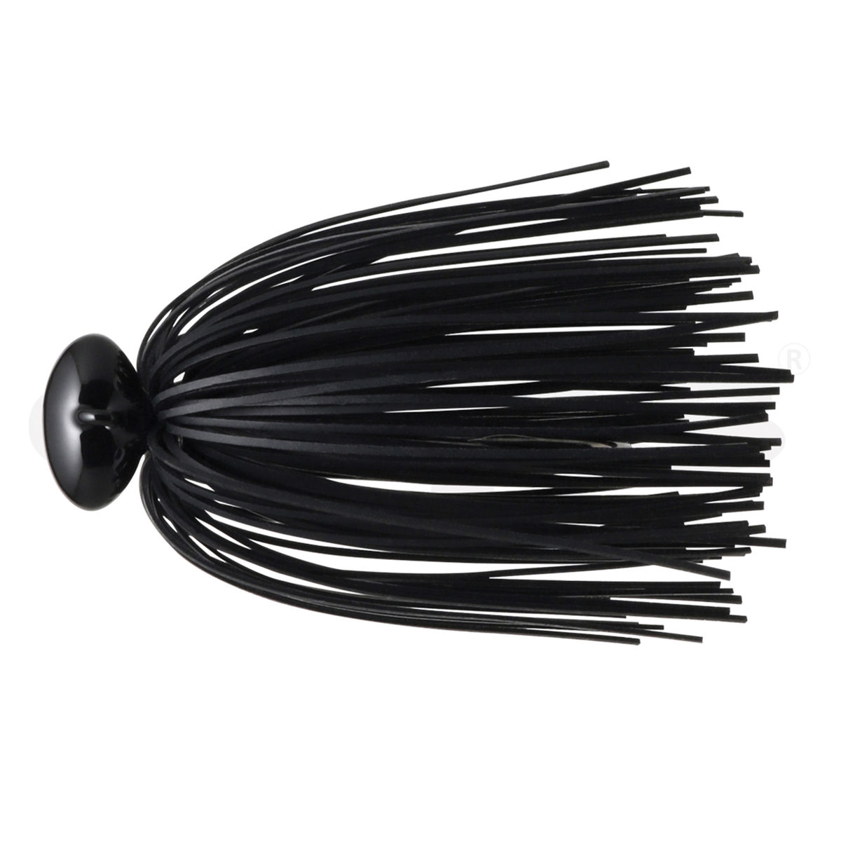 Deps Hyper Football Jig in solid black with a weighted football-shaped head and flexible rubber skirt strands designed for musky fishing tackle.