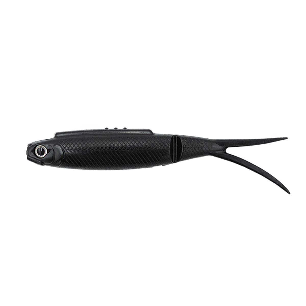 Galápagos Highroll black soft fishing lure with a textured body and forked tail designed for attracting musky and other predatory fish.