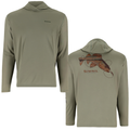 Simms Men's Tech Hoody - Artist Series shown from front and back in olive green with a hood and detailed fish artwork across the back