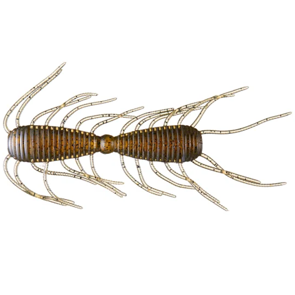Close-up of the Raid Magnum 2 Way soft fishing lure with segmented brown body and multiple thin, flexible appendages designed to mimic aquatic prey for effective fishing tackle.