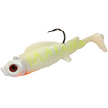 Northland UV Mimic Minnow fishing lure in white with translucent body, bright yellow markings, red eyes, and a single black hook for attracting fish.