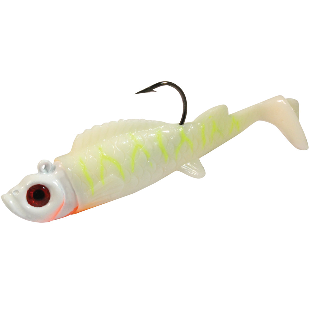 Northland UV Mimic Minnow fishing lure in white with translucent body, bright yellow markings, red eyes, and a single black hook for attracting fish.