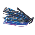 VMC Heavy Duty Swim Jig with a black and blue skirt featuring purple accents, a weighted head with lifelike eyes, and a strong hook designed for fishing tackle.