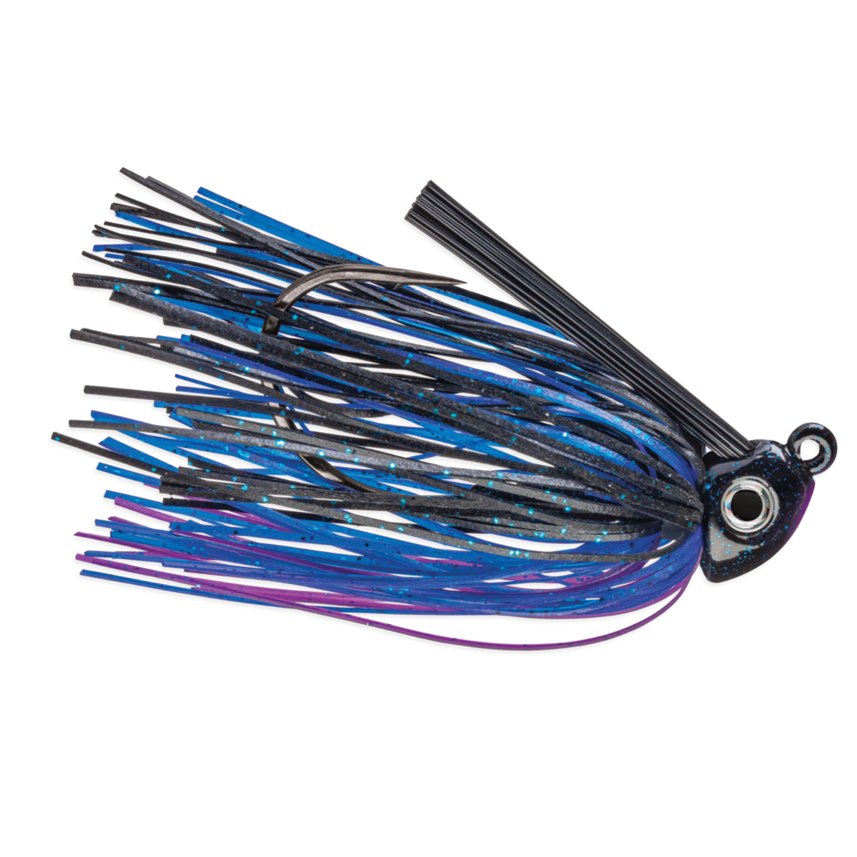VMC Heavy Duty Swim Jig with a black and blue skirt featuring purple accents, a weighted head with lifelike eyes, and a strong hook designed for fishing tackle.