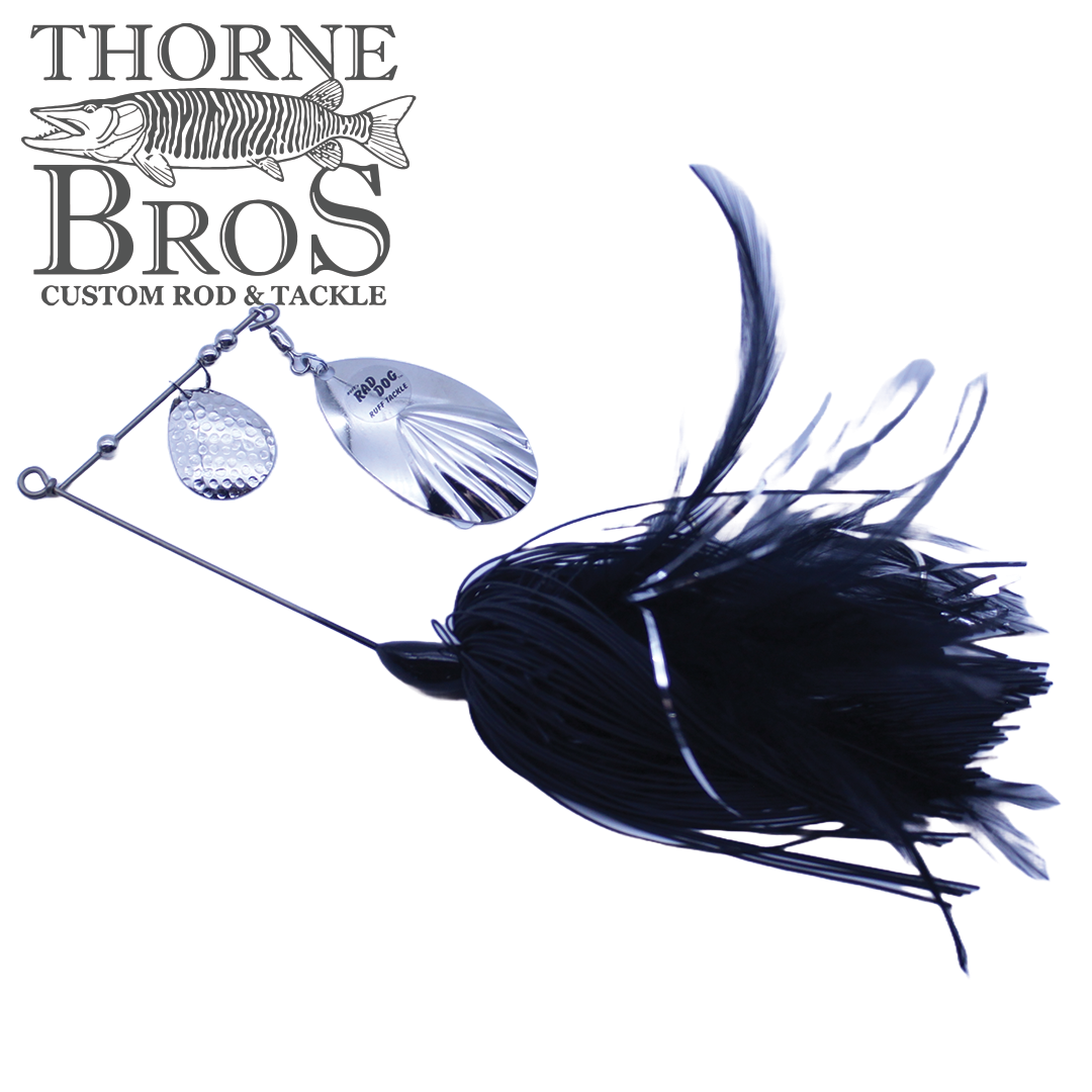 Ruff Tackle Rad Dog Tandem Spinnerbait featuring dual silver spinning blades and black feathered skirt designed for effective fishing tackle use at Thorne Bros.