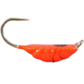 Close-up of an orange Widow Maker Scud Missile Tungsten Glow Jig fishing lure with a sharp metal hook designed for fishing tackle and lures.