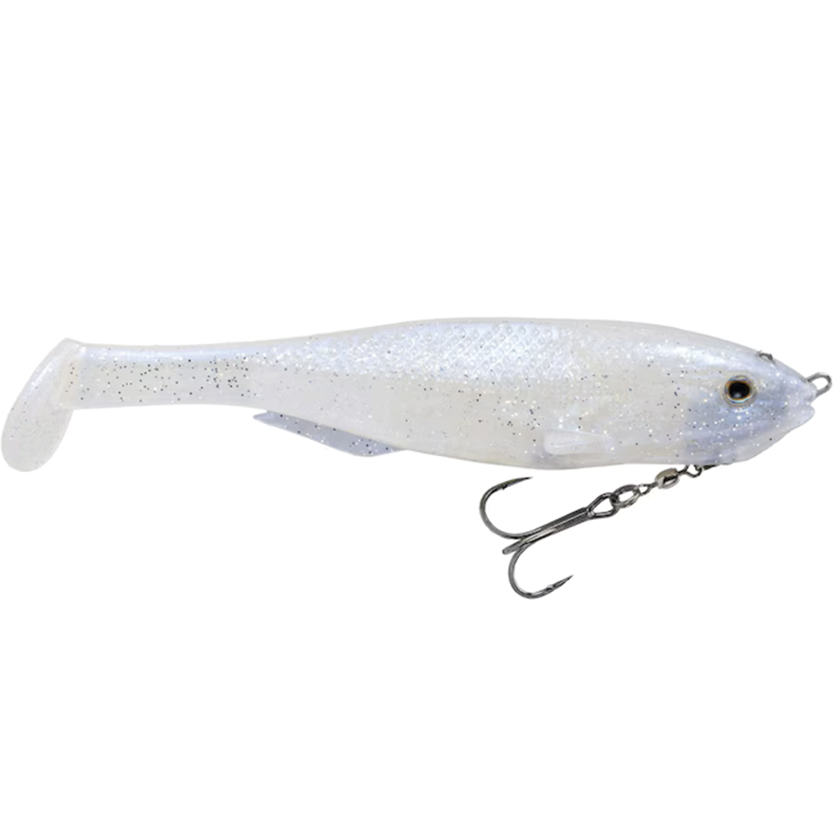 Strike King Final Copy Swimbait fishing lure in translucent white with glitter accents, featuring a soft body and sharp treble hook for effective fishing tackle use.
