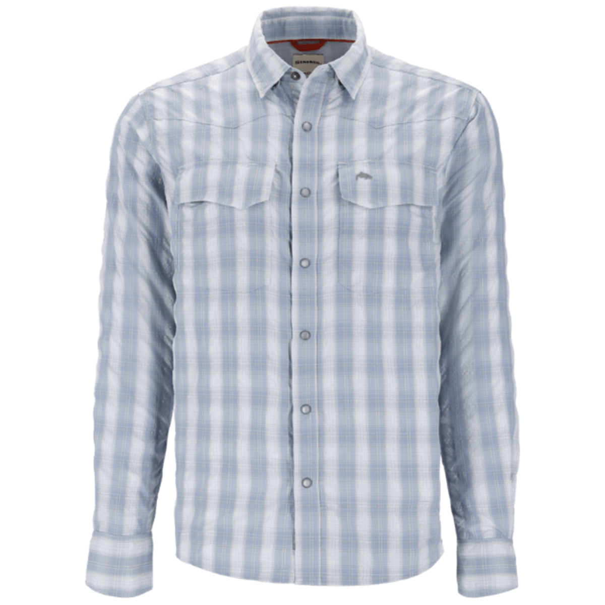 Simms Big Sky LS Shirt - Men's featuring a light blue and white plaid pattern, long sleeves with buttoned cuffs, two chest pockets, and a classic collar, designed for outdoor fishing.