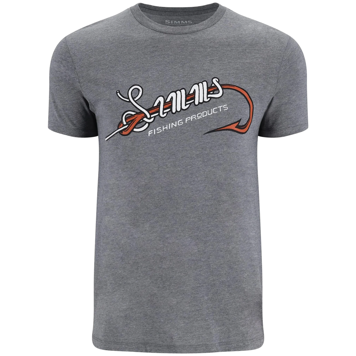 Simms Hook And Loop T-Shirt - Men's in heather gray with a crew neck and a graphic design of a fishing hook and the word "Simms" across the chest, made from soft fabric suitable for fishing enthusiasts.