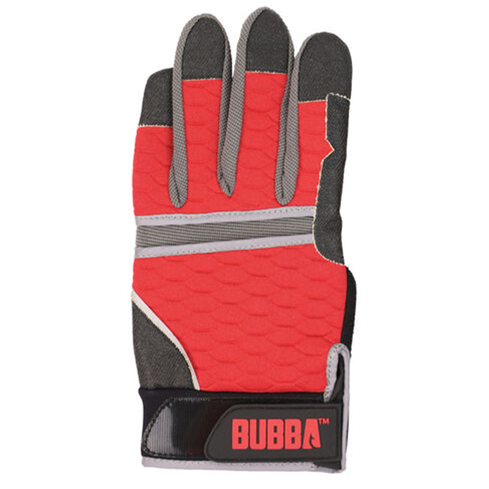 Red and gray Bubba Ultimate Fishing Gloves designed with textured grip, durable fabric, and adjustable wrist closure for enhanced comfort and control during fishing activities.