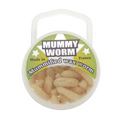 Clear plastic container holding Eurotackle Mummy Worms, a pack of mummified wax fishing worms used as fishing tackle.
