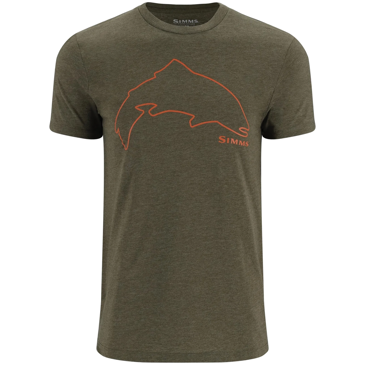 Simms Trout Outline T-Shirt in olive green featuring an orange trout outline graphic and Simms logo on the chest, made of soft, comfortable fabric for fishing enthusiasts.