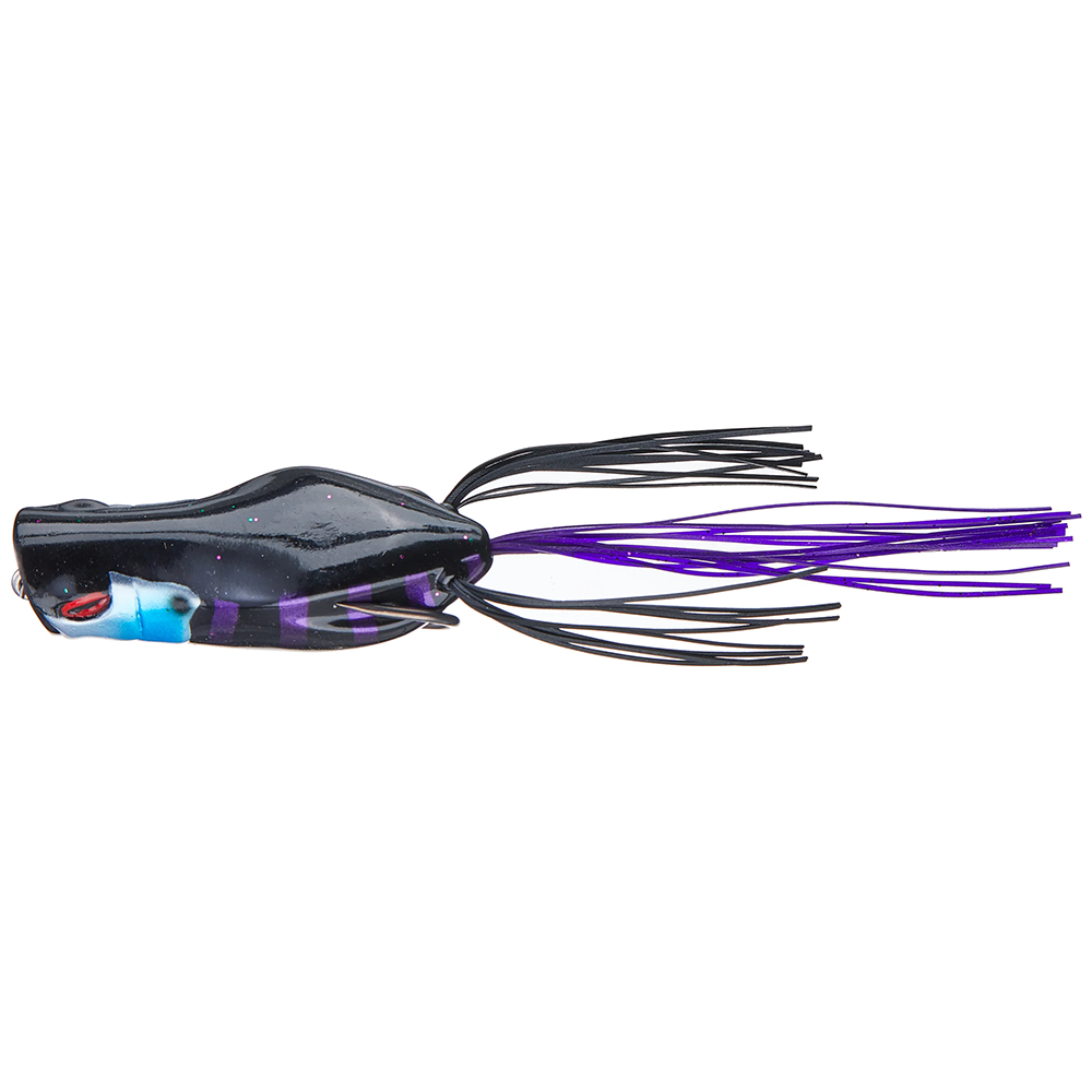 Jackall Gavacho Frog fishing lure in black with purple and blue accents, featuring a hollow body and rubber skirt designed for realistic movement in water.