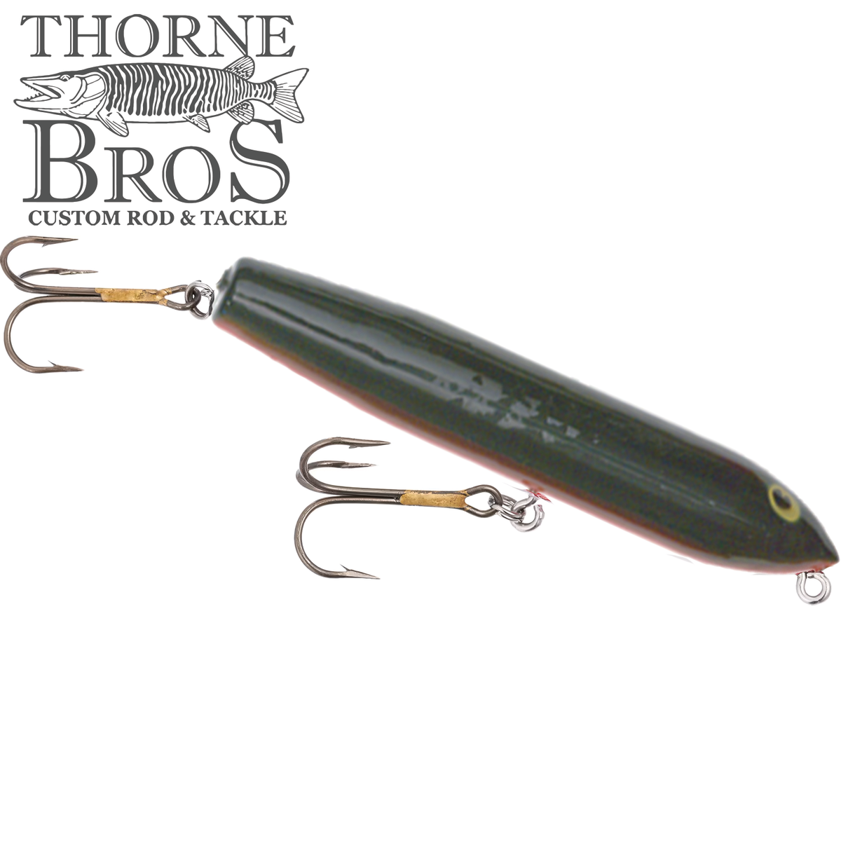 Poe's Giant Jackpot fishing lure with a sleek dark green body and two sharp treble hooks, designed for musky fishing, featured under Thorne Bros custom tackle branding.