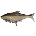 6th Sense The Option soft body swimbait in a natural gray and olive finish with a yellow eye lifelike scales paddle tail and treble hooks