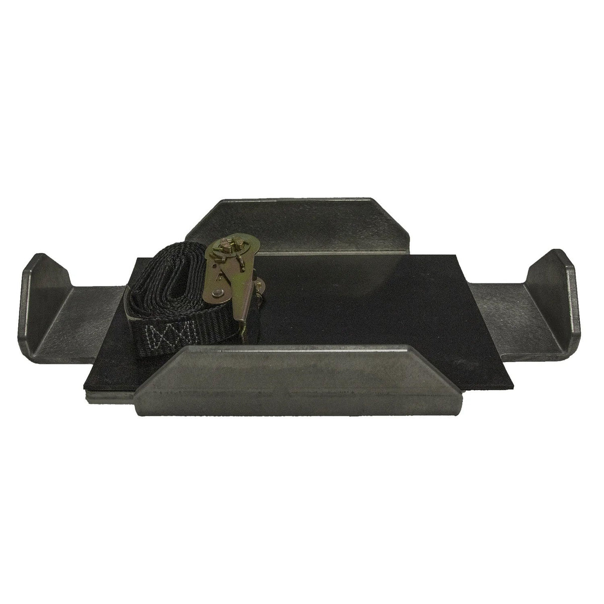 Precision Sonar Precision Power Aluminum Battery Tray in black with a durable strap and metal fastening buckle, designed to securely hold marine electronics batteries for fishing applications.