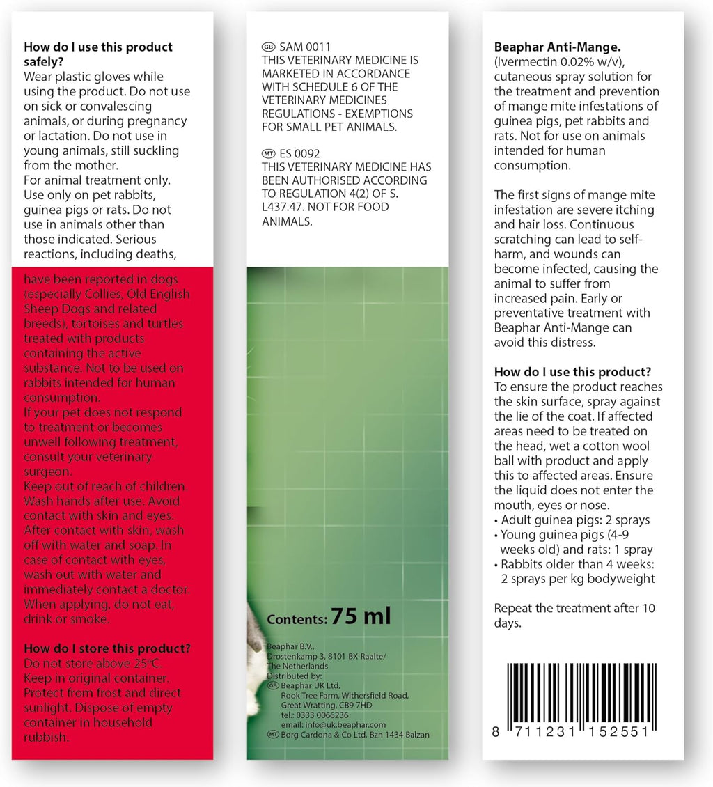 Beaphar Anti-Mange Spray Treatment Small Animals 75ml