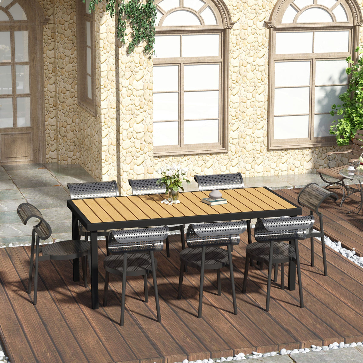 75" x 35" Outdoor Dining Table with Aluminum Frame & All-Weather Faux Wood Top, Natural