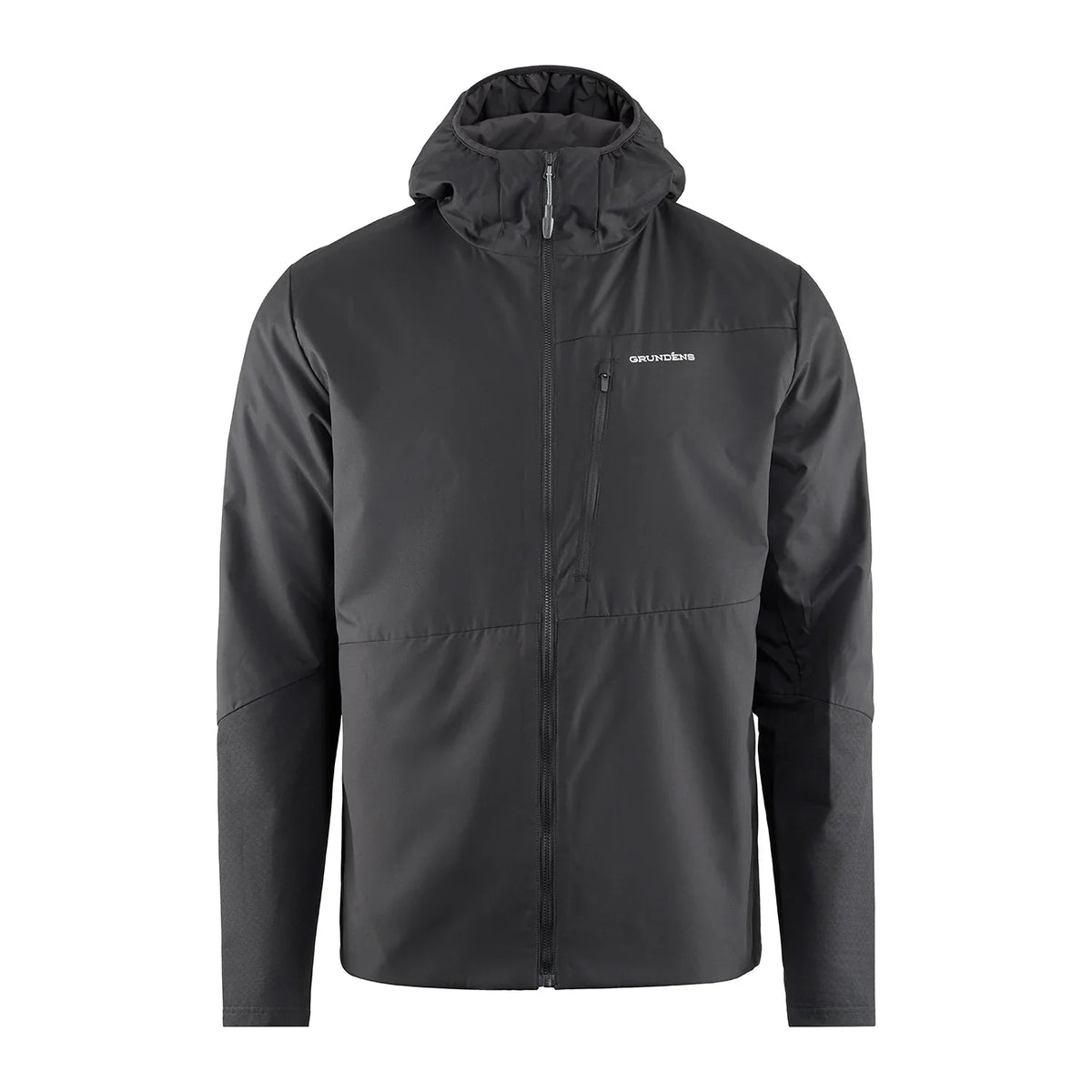 Grundens Turbulence Hybrid Hoodie in black with full front zipper, adjustable hood, chest pocket, and durable fabric designed for fishing and outdoor activities.