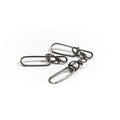 Three metal Scientific Anglers Stay-Lok Snaps designed for fishing tackle, shown close-up on a white background highlighting their clasp mechanism and durable construction.