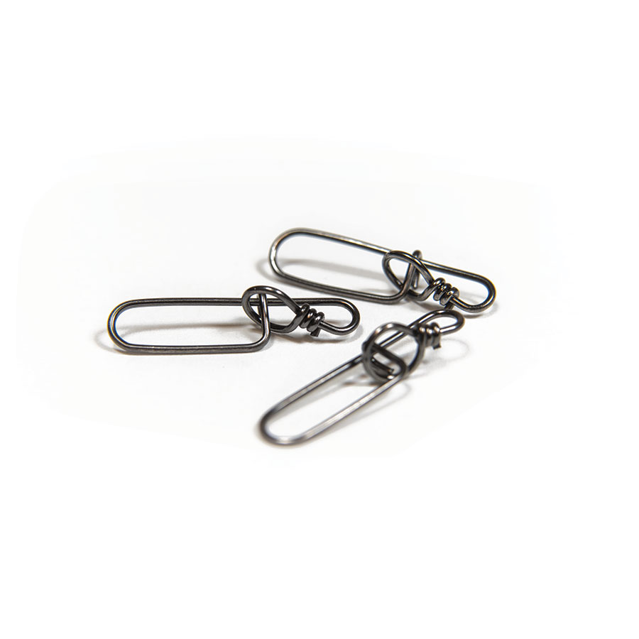 Three metal Scientific Anglers Stay-Lok Snaps designed for fishing tackle, shown close-up on a white background highlighting their clasp mechanism and durable construction.