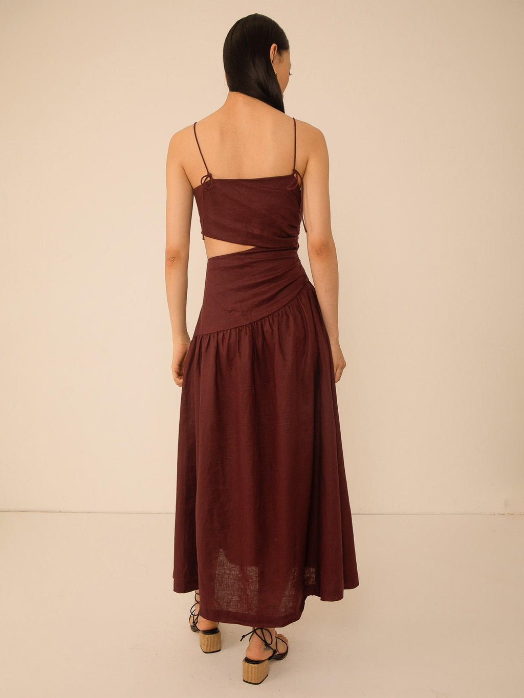 VIVERE Lore Asymmetric Sleeveless Regular Linen Midi Dress - Brown UK 14