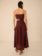 VIVERE Lore Asymmetric Sleeveless Regular Linen Midi Dress - Brown UK 14