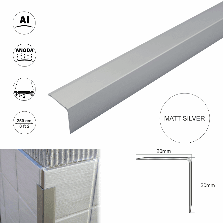 Aluminium Retro-Fit Tile Trim Angle Edge Protector Cladding Corner Trim 20x20mm - Cayrus World of Finishing