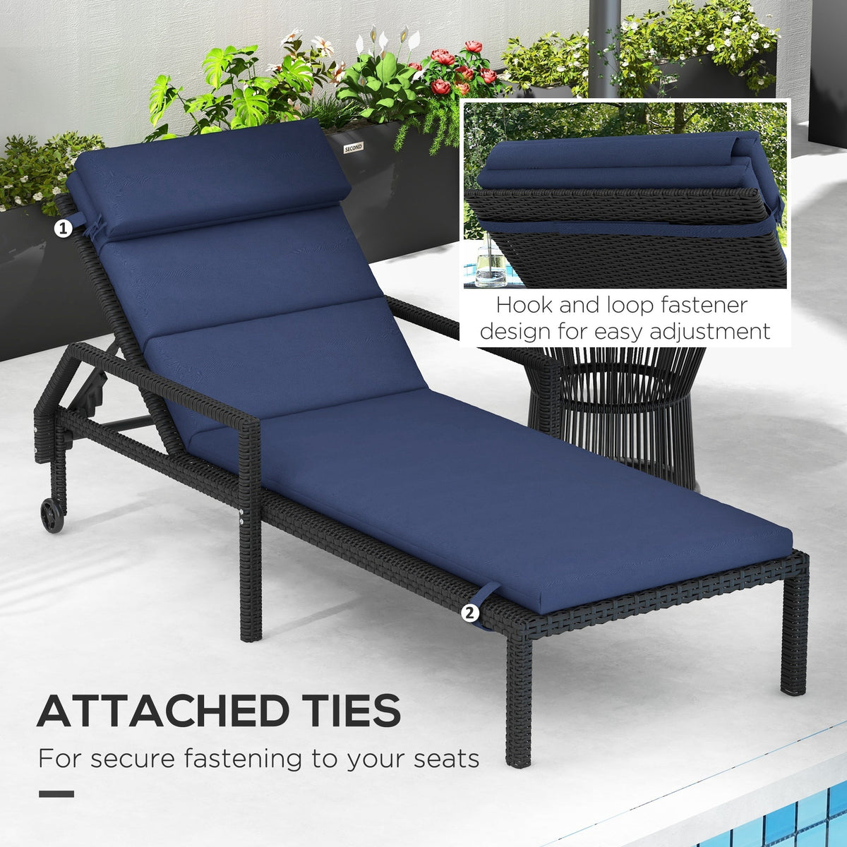 2PC Patio Chaise Lounge Chair Cushions Replacement Lounger Pads w/Headrest & Ties, Dark Blue