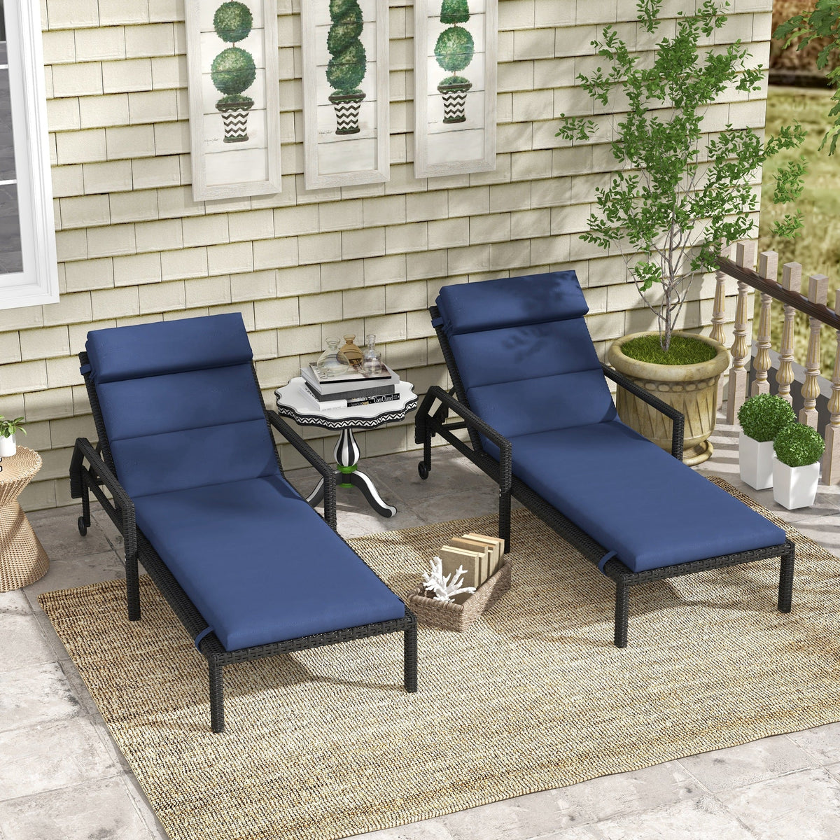 2PC Patio Chaise Lounge Chair Cushions Replacement Lounger Pads w/Headrest & Ties, Dark Blue