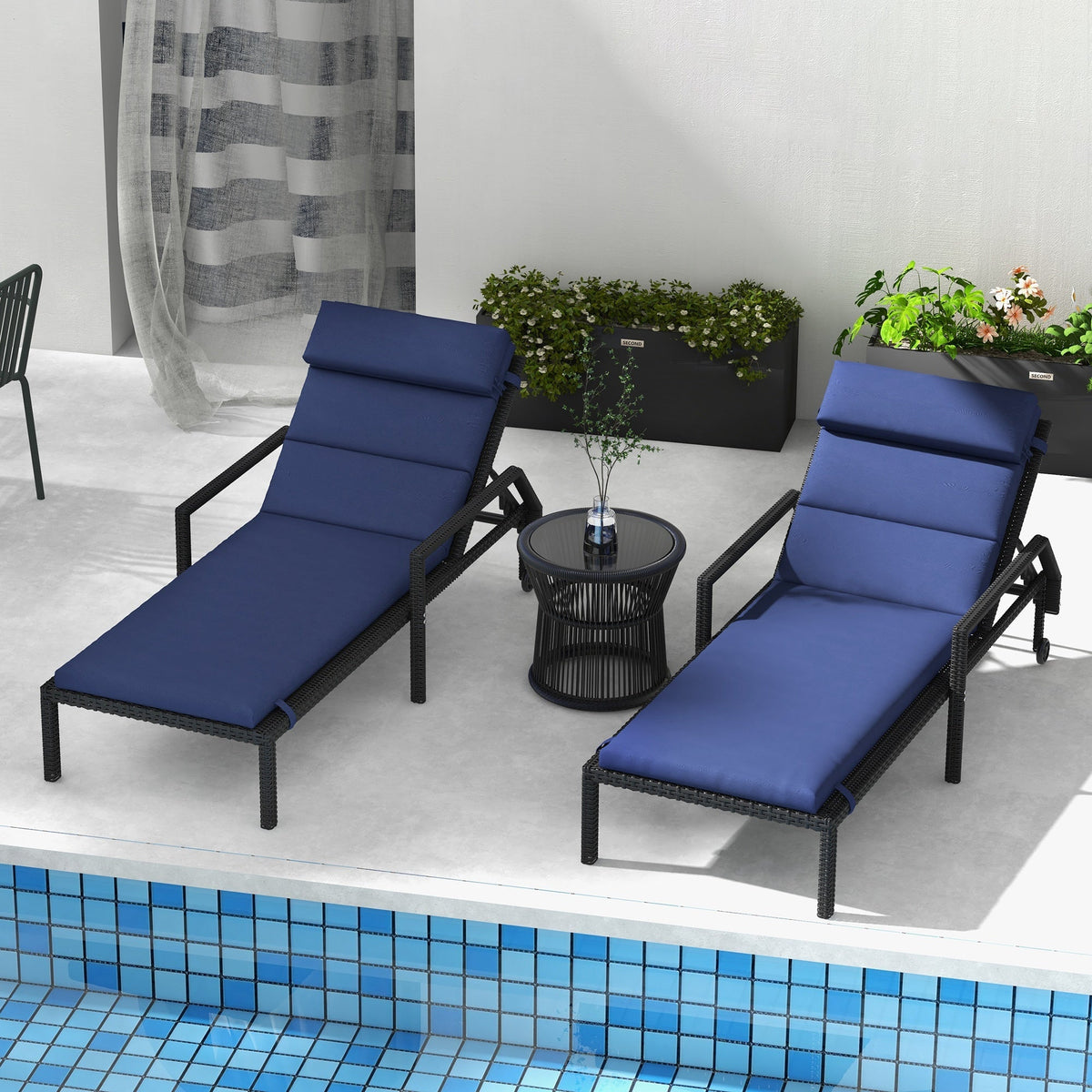 2PC Patio Chaise Lounge Chair Cushions Replacement Lounger Pads w/Headrest & Ties, Dark Blue