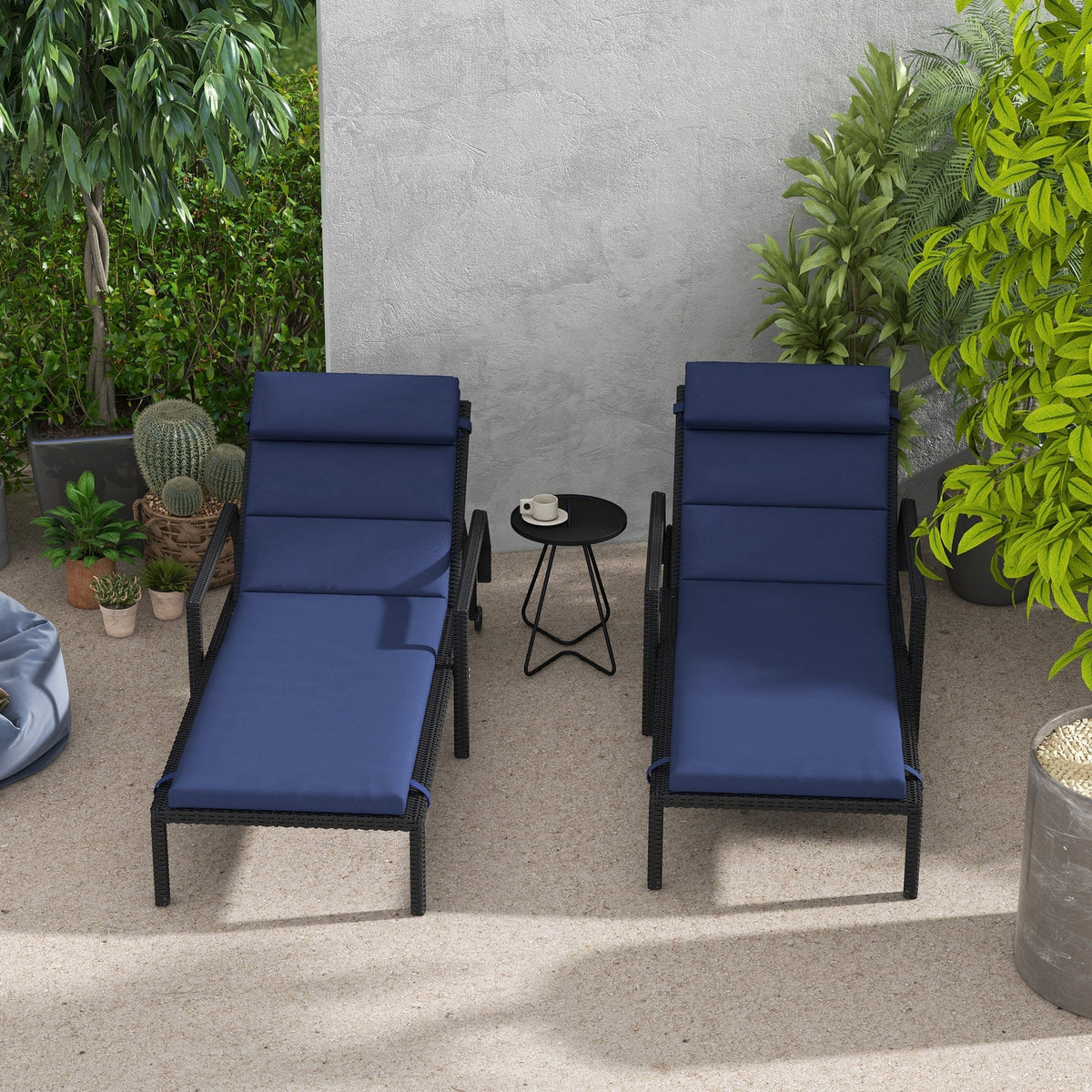 2PC Patio Chaise Lounge Chair Cushions Replacement Lounger Pads w/Headrest & Ties, Dark Blue