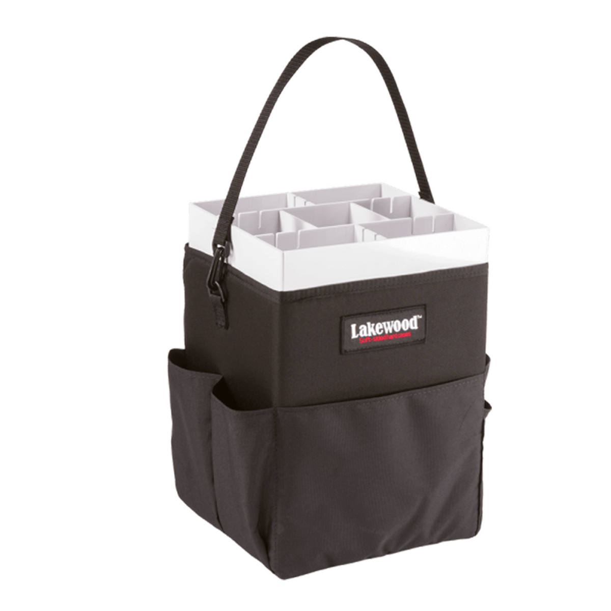 Lakewood Musky Boxes - Pedastal Series fishing tackle box in black fabric with multiple compartments and an adjustable carrying handle for organizing lures and gear.