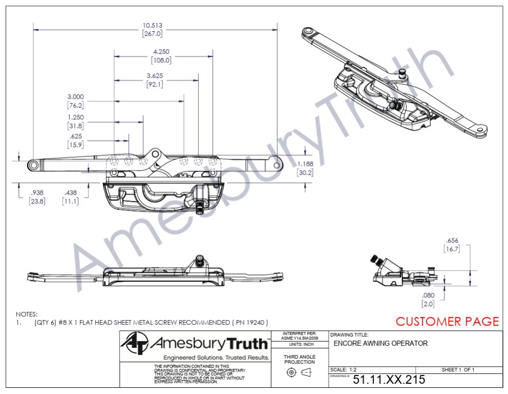 Amesbury Truth 222 Encore Awning Window Operator – Narrow Sill Mount 51.11.00.215