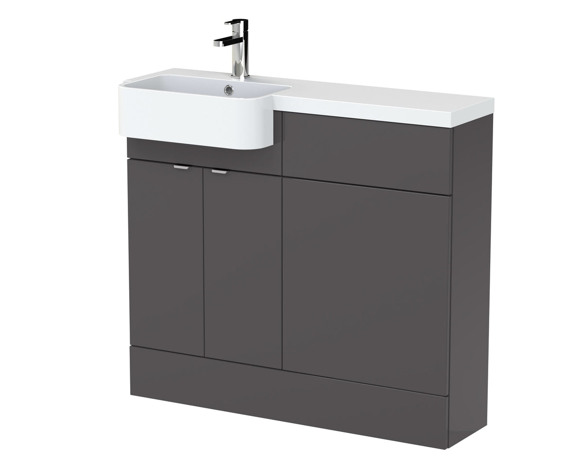 Hudson Reed Fusion Floor Standing 2 Door Vanity Unit & WC with Left Hand Semi Recessed Basin Combination, Sink Vanity Unit, Gloss Grey, 1000mm