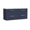 Nuie Arno Wall Hung 4-Drawer Vanity & Carrera Marble Laminate Worktop, Stylish Counter Top Vanity Unit in Midnight Blue, 1200mm