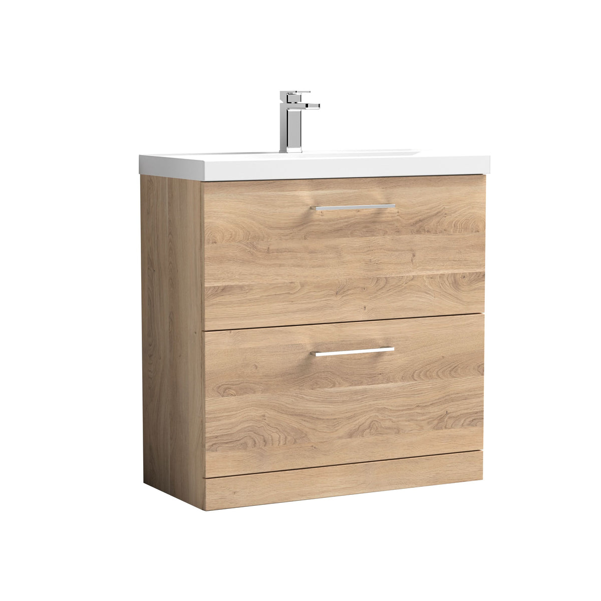 Nuie Arno Floor Standing 2 Drawer Vanity Unit & Thin-Edge Ceramic Basin, Contemporary Sink Vanity Unit in Bleached Oak, 800mm