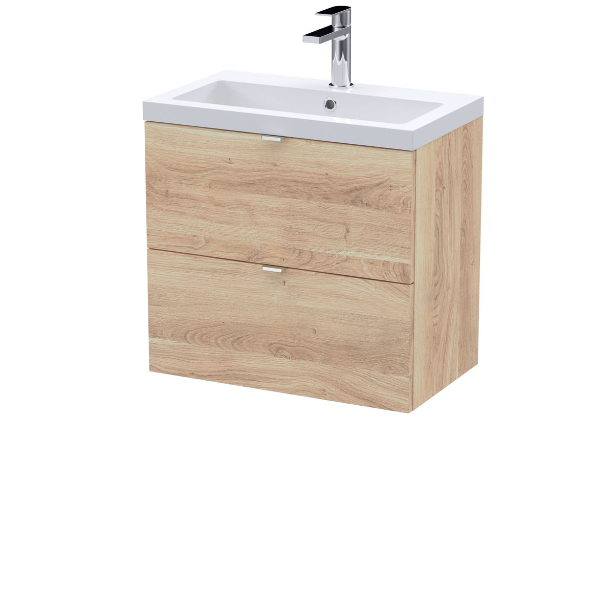 Hudson Reed Fusion Wall Hung 2-Drawer Vanity Unit & Ceramic Basin, Vanity Unit with Basin, Bleached Oak, 600mm