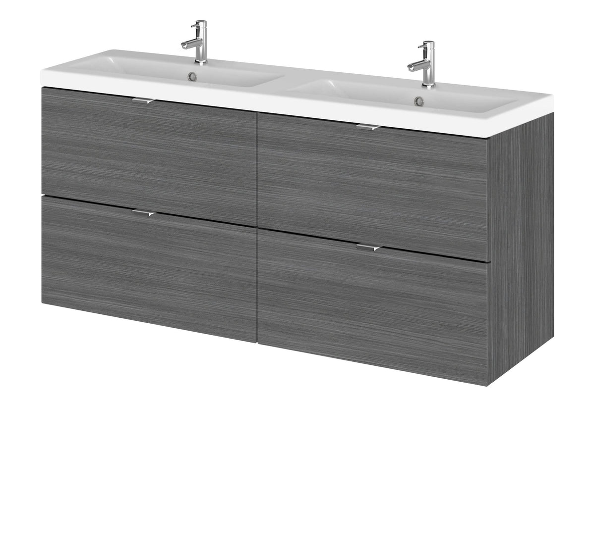 Hudson Reed Fusion Wall Hung 4 Drawer Vanity Unit & Twin Ceramic Basin, Sink Vanity Unit, Anthracite Woodgrain, 1200mm