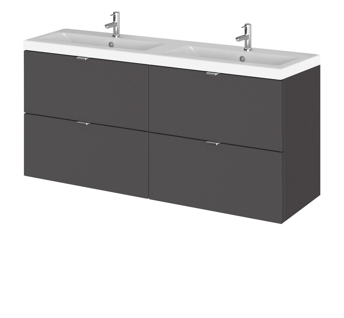 Hudson Reed Fusion Wall Hung 4 Drawer Vanity Unit & Twin Ceramic Basin, Stylish Sink Vanity Unit, Gloss Grey, 1200mm