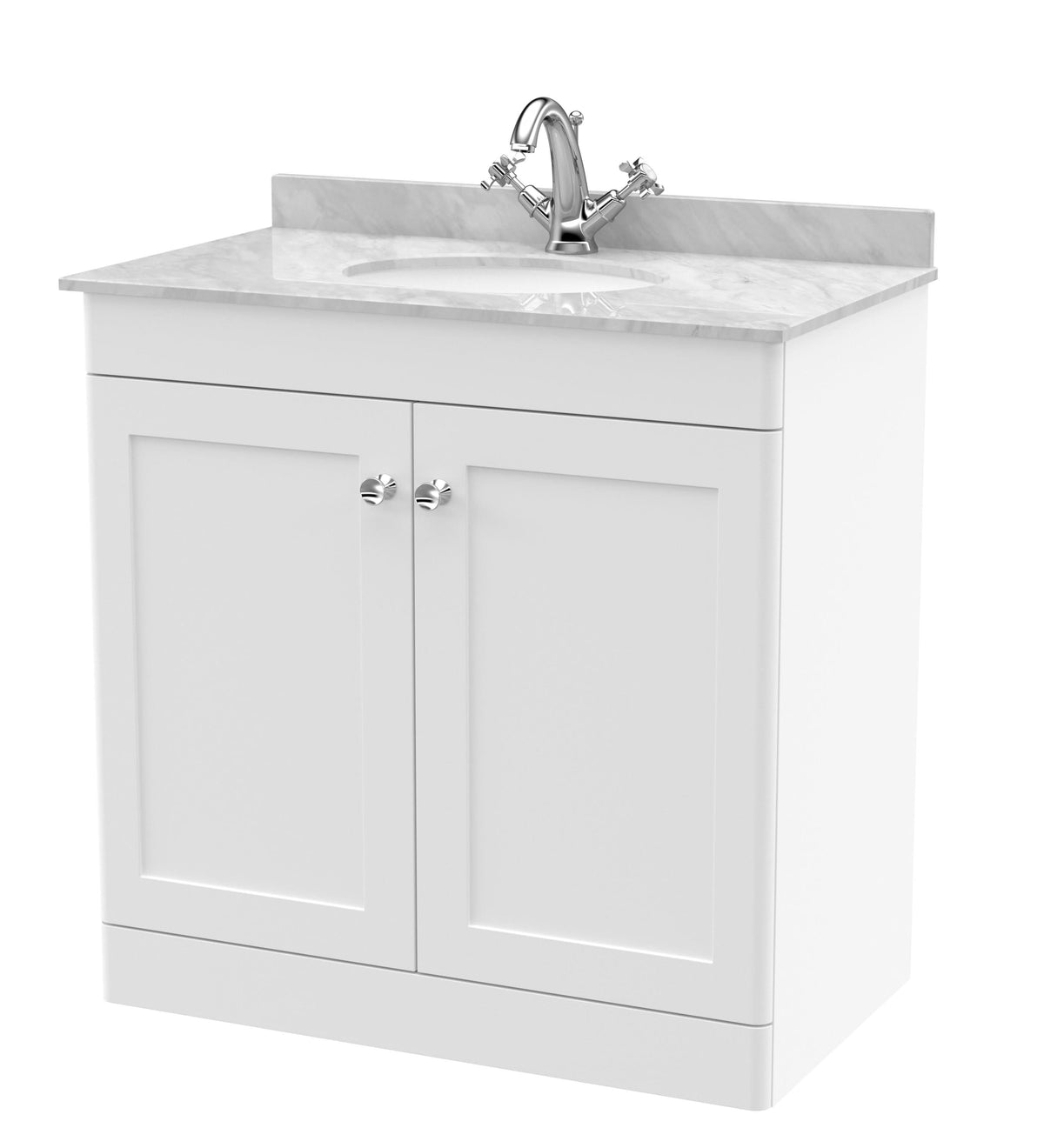 Nuie Classique Floor Standing 2 Door Vanity Unit & 1 Tap Hole Grey Marble Top with Oval Basin, Elegant Sink Vanity Unit in Satin White, 800mm