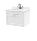 Nuie Classique Wall Hung 1 Drawer Vanity Unit & 1 Tap Hole White Marble Top with Oval Basin, Stylish Sink Vanity Unit in Satin White with White Basin, 600mm