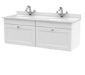 Nuie Classique Wall Hung 2 Drawer Vanity Unit & 1 Tap Hole White Marble Top with Oval Basin, Stylish Sink Vanity Unit in Satin White with White Basin, 1200mm