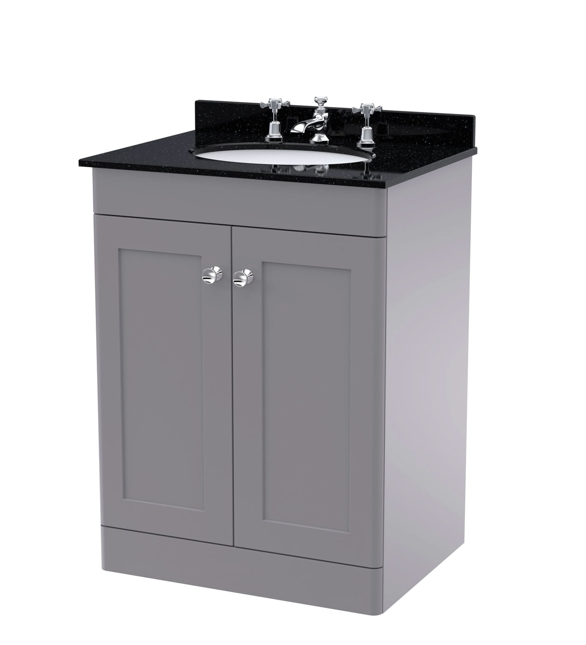 Nuie Classique Floor Standing 2 Door Vanity Unit & 3 Tap Hole Black Marble Top with Oval Basin, Stylish Sink Vanity Unit in Satin Grey with White Basin, 600mm