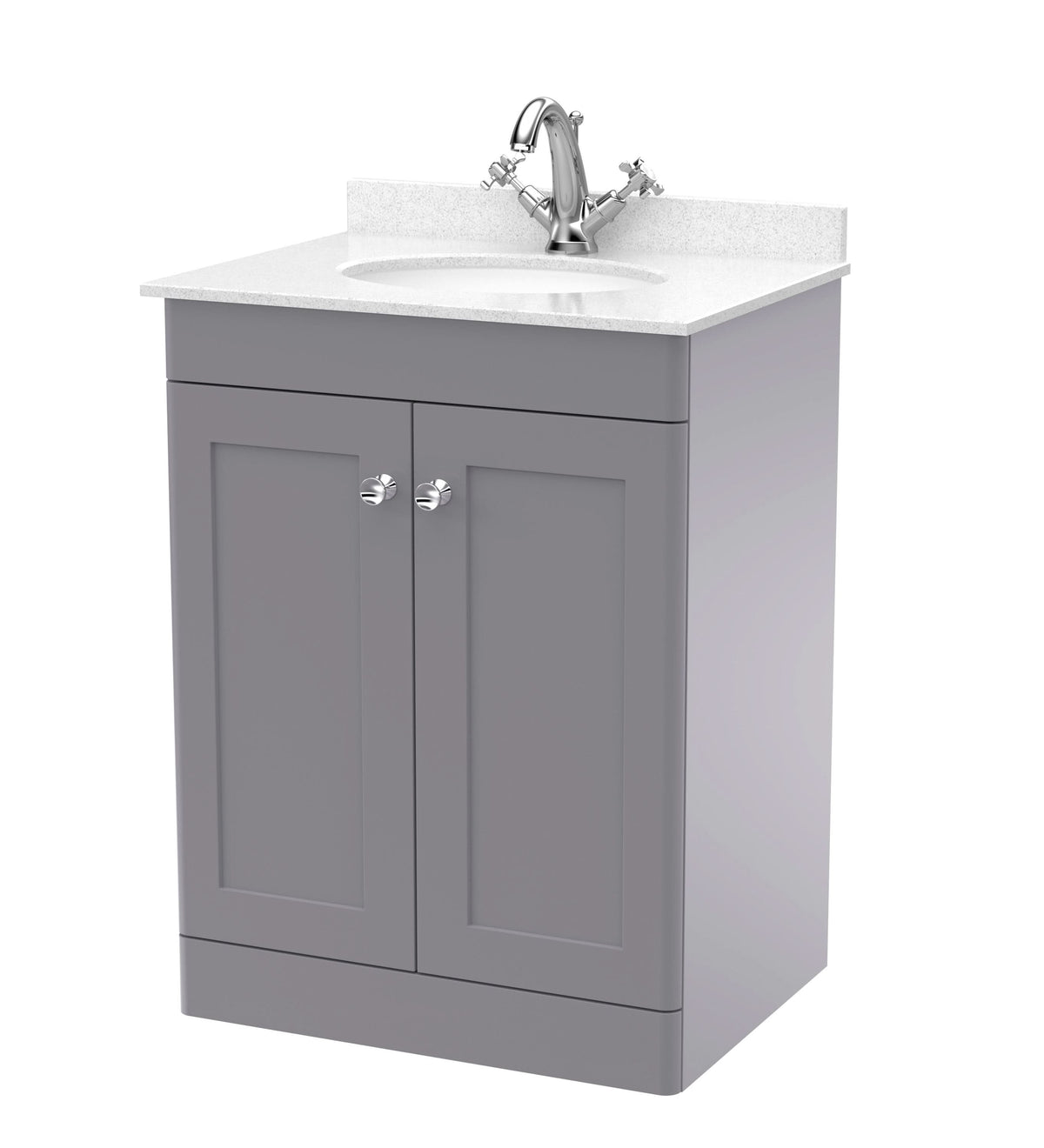 Nuie Classique Floor Standing 2 Door Vanity Unit & 1 Tap Hole White Marble Top with Oval Basin, Stylish Sink Vanity Unit in Satin Grey with White Basin, 600mm