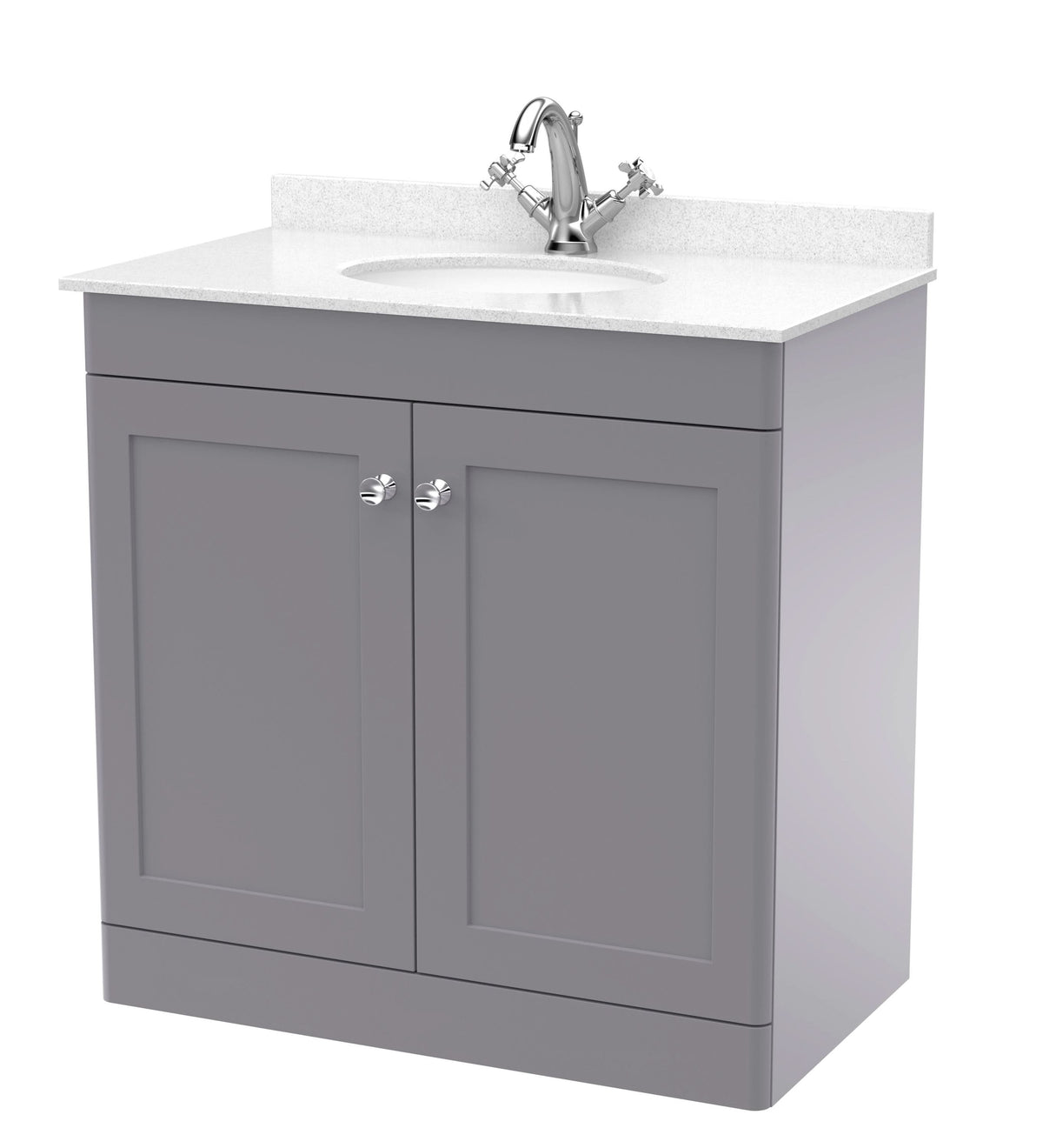 Nuie Classique Floor Standing 2 Door Vanity Unit & 1 Tap Hole White Marble Top with Oval Basin, Stylish Sink Vanity Unit in Satin Grey with White Basin, 800mm