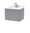 Nuie Classique Wall Hung 1 Drawer Vanity Unit & 1 Tap Hole White Marble Top with Square Basin, Contemporary Sink Vanity Unit in Satin Grey with White Basin, 600mm