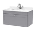 Nuie Classique Wall Hung 1 Drawer Vanity Unit & 1 Tap Hole White Marble Top with Square Basin, Contemporary Sink Vanity Unit in Satin Grey with White Basin, 800mm