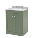Nuie Classique Floor Standing 2 Door Vanity Unit & 3 Tap Hole Grey Marble Top with Oval Basin, Contemporary Sink Vanity Unit in Satin Green with White Basin, 600mm